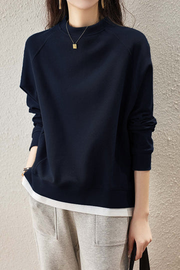 Mixed Material Round Neck Simple Sweatshirt