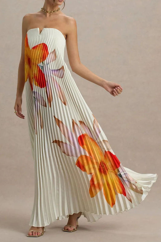 Floral Print Pleated Strapless Maxi Dress