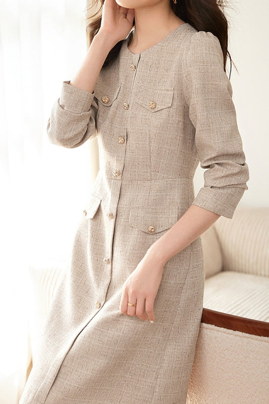 Elegant No-Collar Button Decor Dress