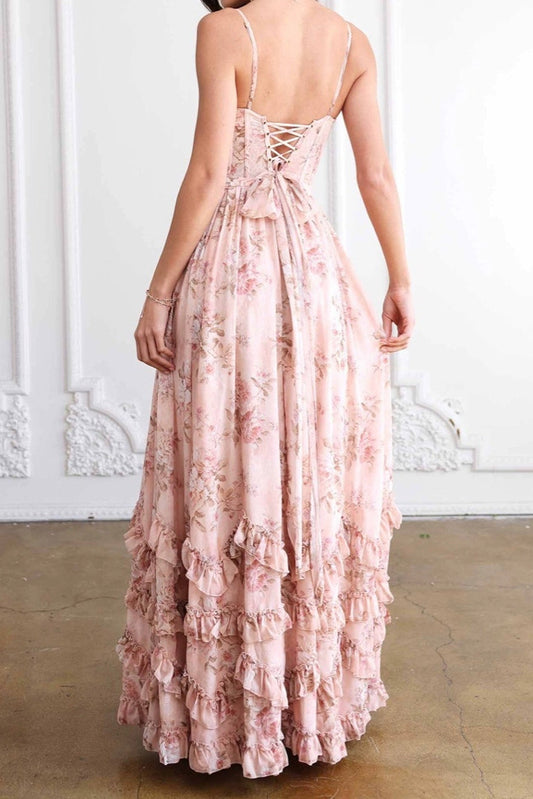 Floral Corset Split Ruffle Maxi Dress