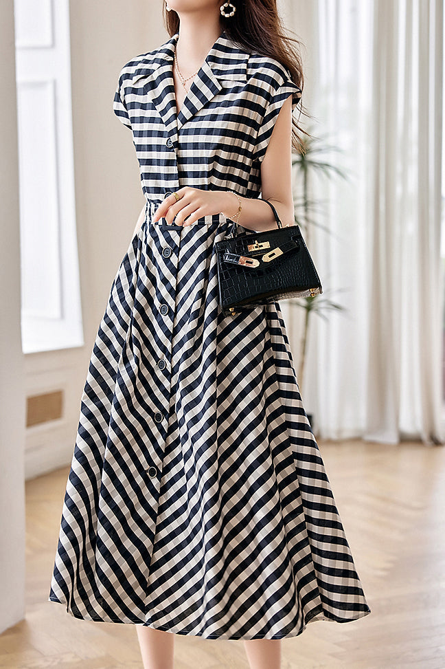 Lapel Collar Check Long Flare Dress
