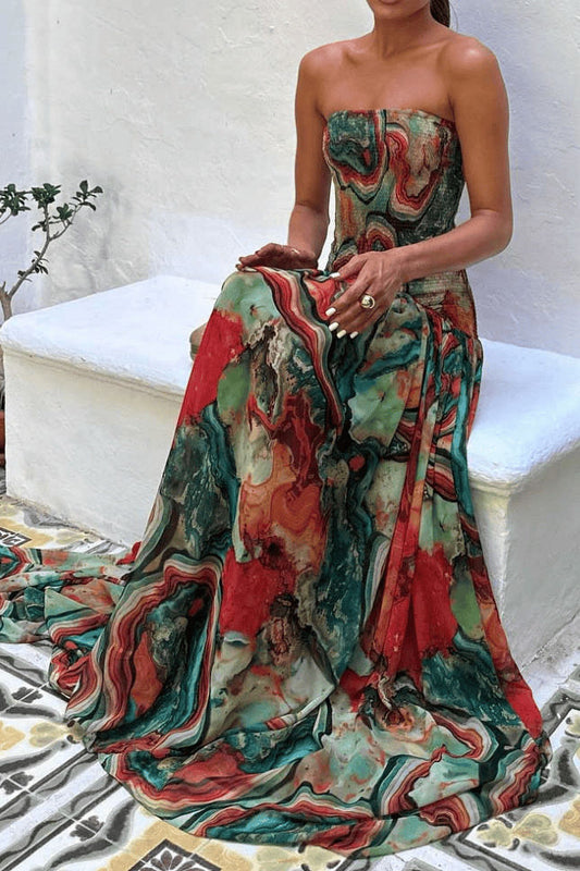 Strapless Abstract Print Tiered Maxi Dress