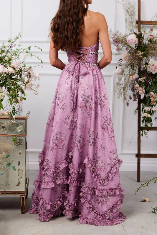 Floral Halter Tiered Split Maxi Dress