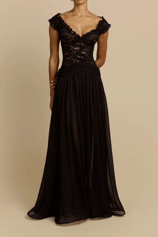 Lace V Neck Belted Maxi Dress