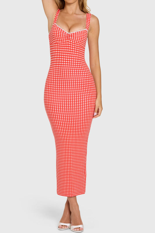 Gingham Sweetheart Strap Midi Dress
