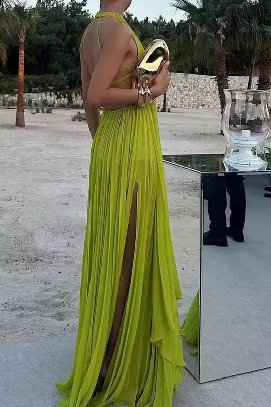Pleated Halter Backless Maxi Dress