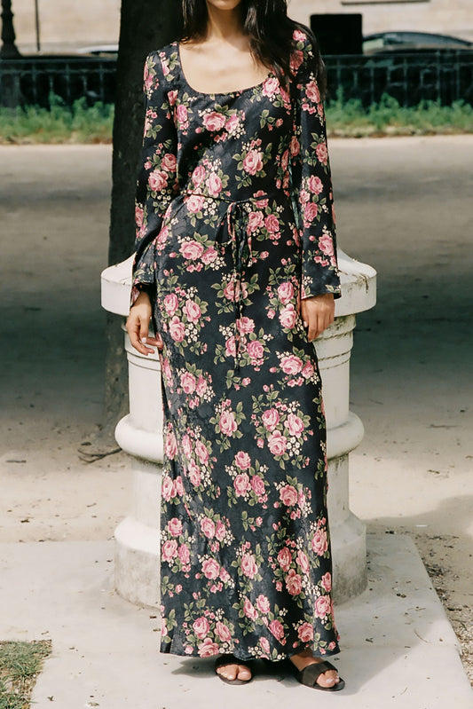 Floral Bell Sleeve Tie Maxi Dress