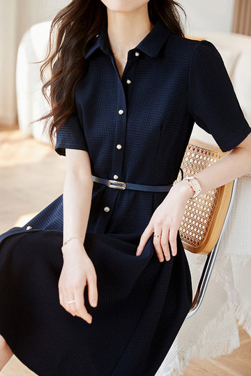 Elegant Shirt Collar Dress with Contour Belt