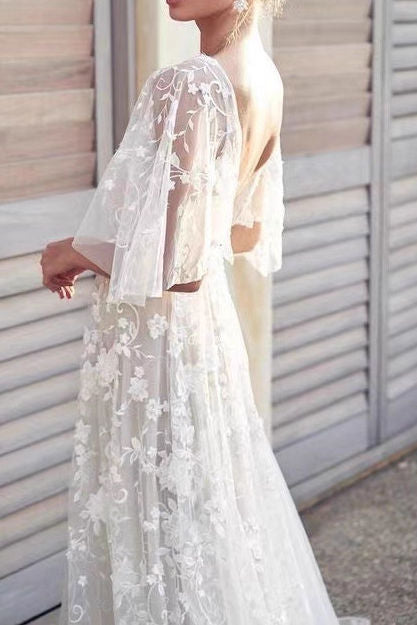 Deep V Lace Sleeve Maxi Dress