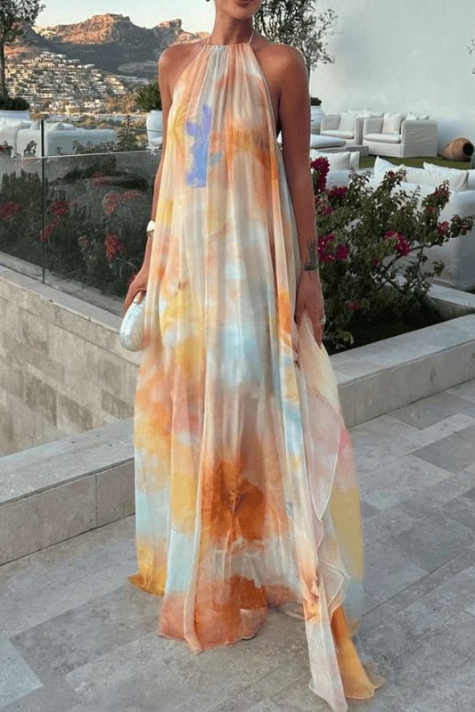 Halter Watercolor Flowing Resort Maxi Dress