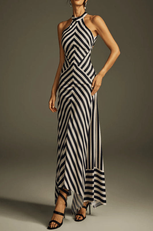 Halter Stripe Asymmetric Maxi Dress
