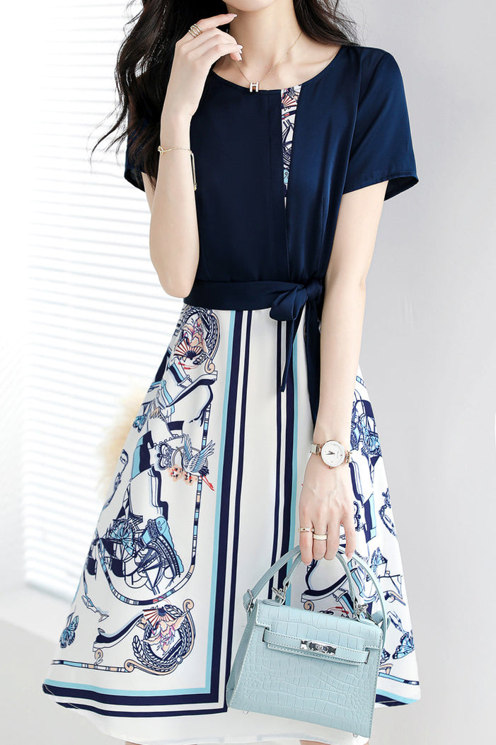 Round Neck Illusory Print Color-Blocked Belted Dress