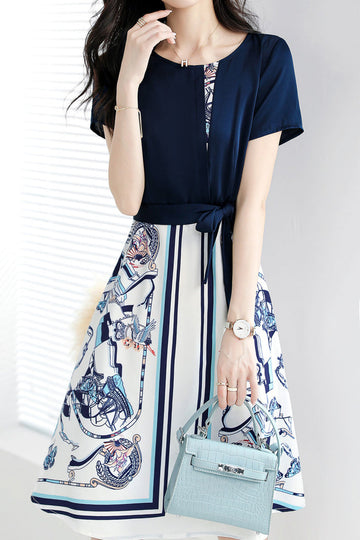 Round Neck Illusory Print Color-Blocked Belted Dress
