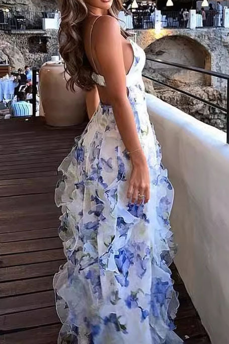 Floral Applique Ruffle Maxi Dress