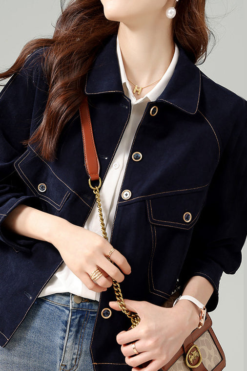 Trendy Fold-Over Collar Denim Jacket
