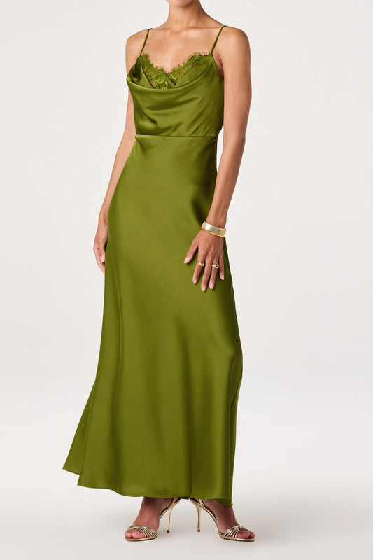 Lace Trim Cowl Satin Maxi Dress