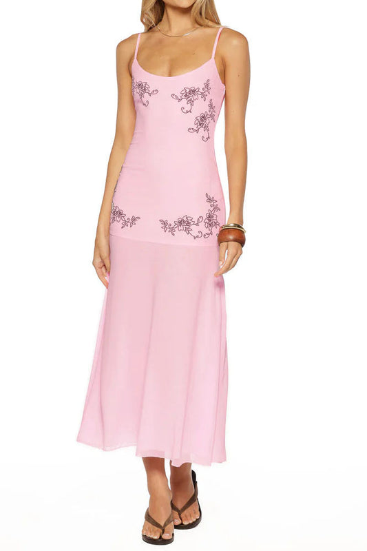 Embroidered Slip Drop Waist Midi Dress