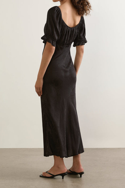 Puff Sleeve Ruched Satin Midi Dress