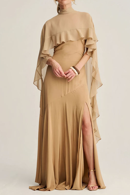 Ruffle Cape High Neck Maxi Dress