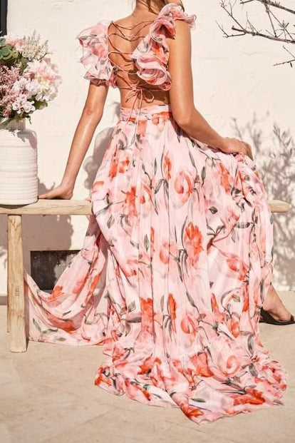 Floral Wrap V Neck Maxi Dress