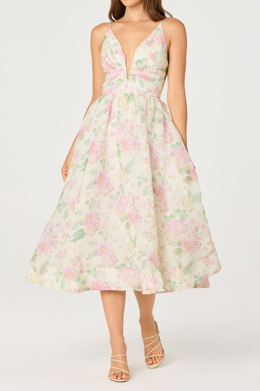 Plunge Neck Floral A-Line Midi Dress
