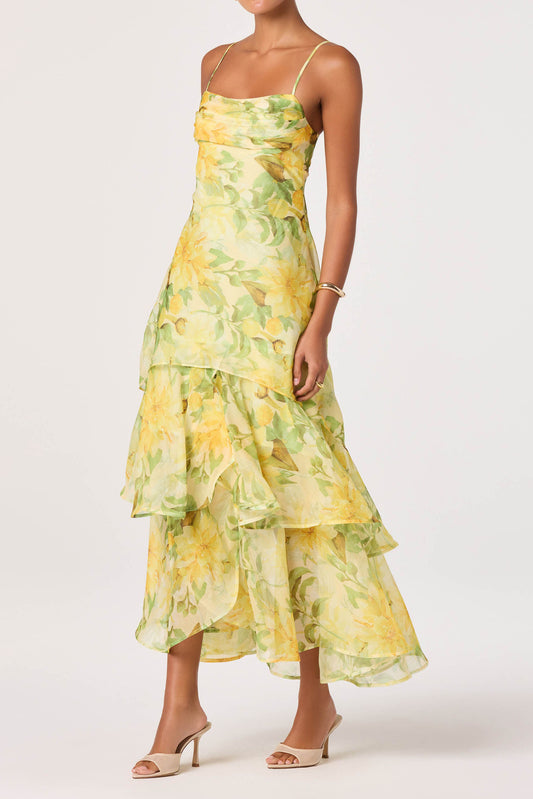 Ruched Floral Tiered Ruffle Midi Dress
