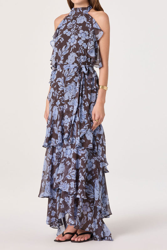 High Neck Ruffle Floral Tiered Maxi Dress