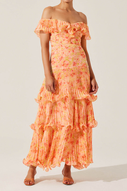 Off Shoulder Floral Tiered Slit Maxi Dress