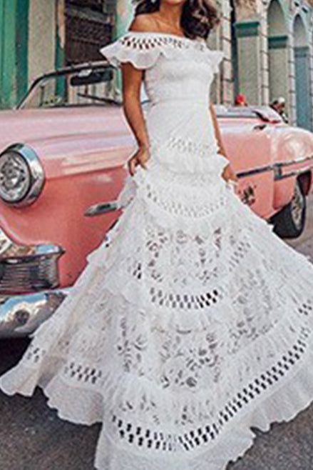 Off Shoulder Hollow Out Ruffled Flared Long Dress