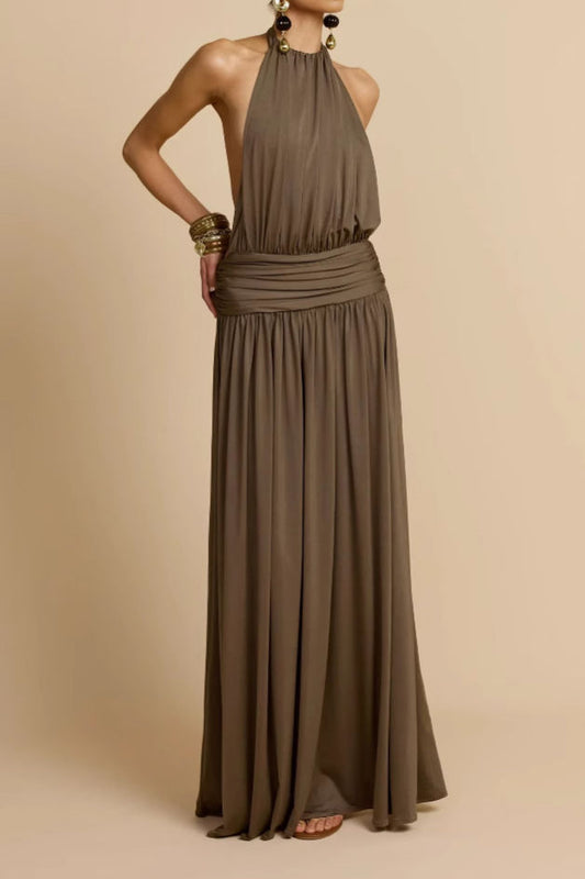 Halter Ruched Waist Maxi Dress