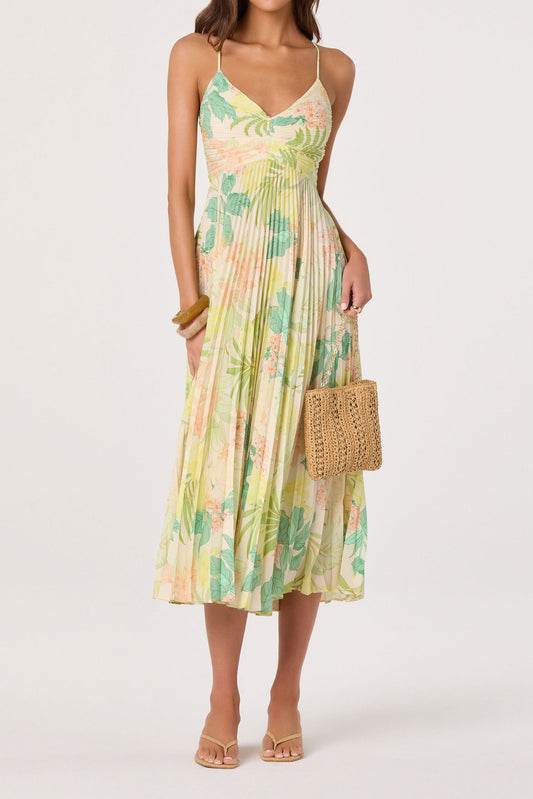 Pleated Tropical Print Midi Dress