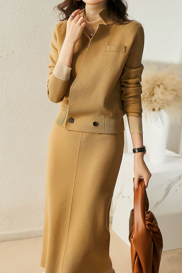 Skipper Collar Double Button Long Sleeve Top + Side Pocket Long Slacks + Back Slit Simple Long Skirt