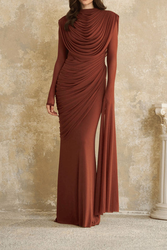 High Neck Ruched Long Sleeve Maxi Dress