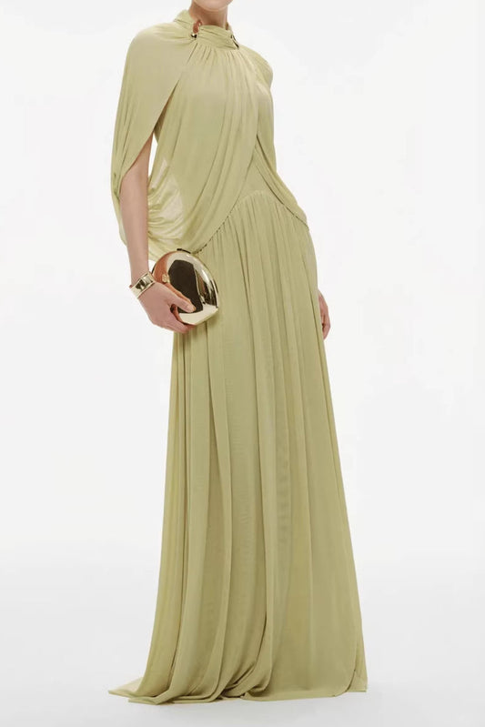 Draped Cape Pleated Maxi Dress