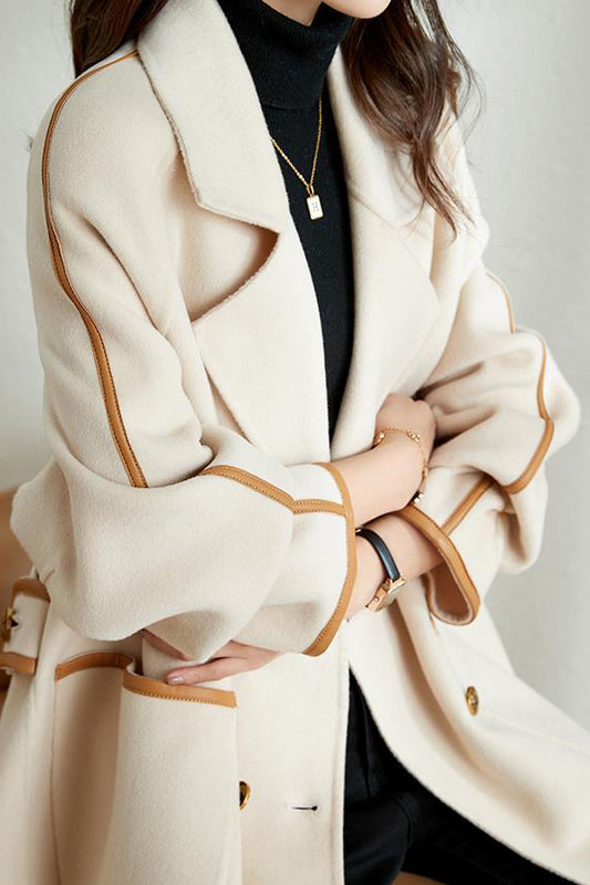 Leather Contrast Melton Quilted Long Coat