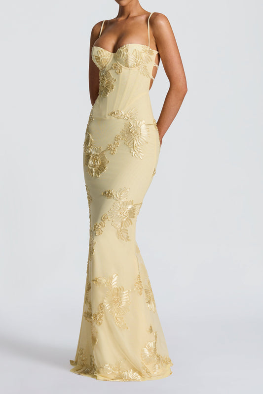Embroidered Floral Lace-Up Maxi Dress