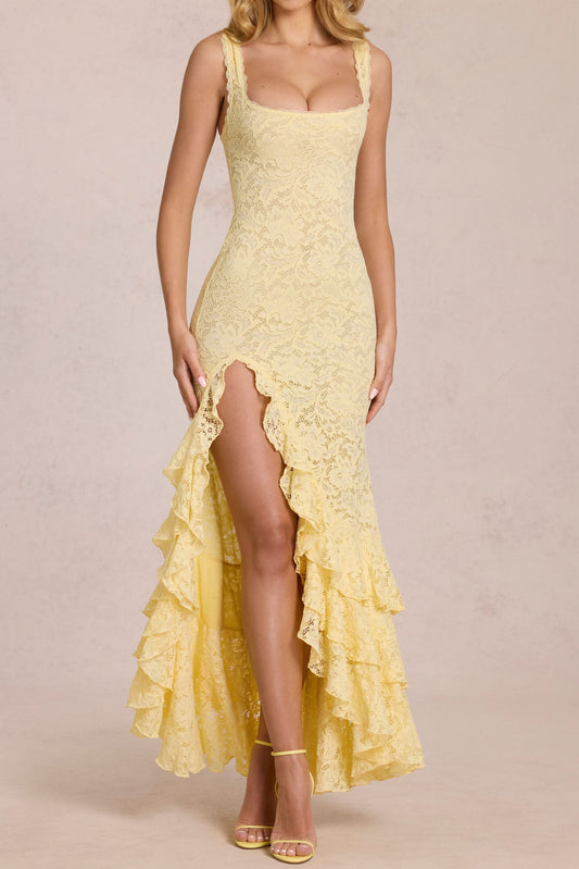 Square Neck Lace Ruffle Maxi Dress