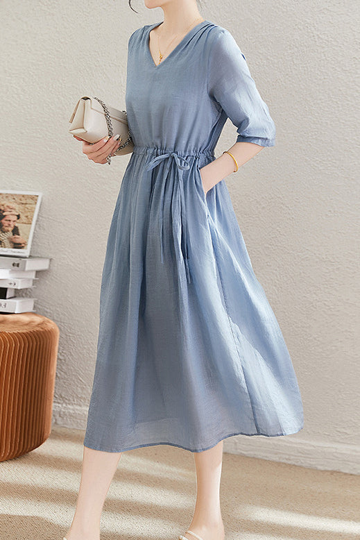 V-Neck Drawstring Long Flare Dress