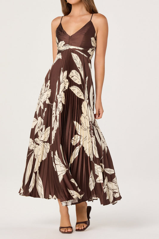 Pleated Satin Floral V-Neck Maxi Dress