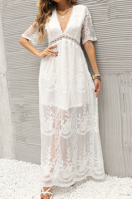White Lace Embroidered Maxi Dress