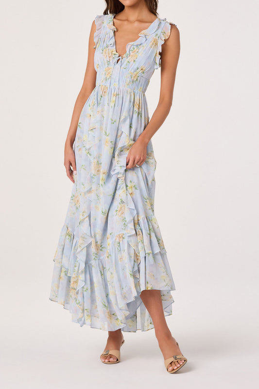 Floral Ruffle Trim Smocked Maxi Dress