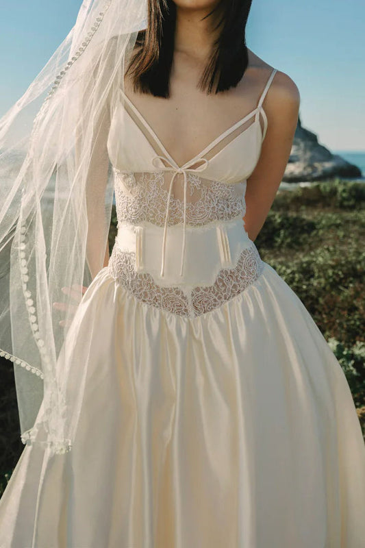Lace Cutout Draped Satin Maxi Dress