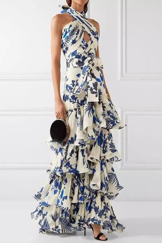 Halter Floral Tiered Ruffle Maxi Dress