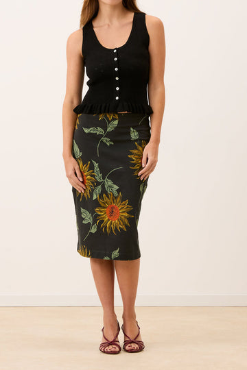 Button Peplum Floral Midi Skirt Set