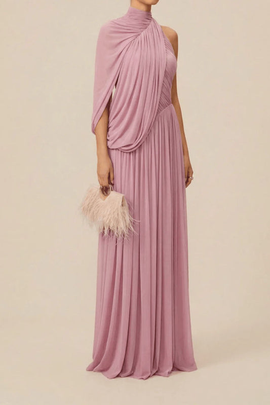 One Shoulder Pleated Flowing Maxi Dress
