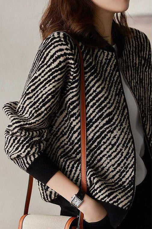 Baseball Collar Zebra Stripe Varsity Jacket