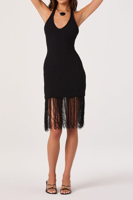 Fringe Hem V-Neck Knit Midi Dress