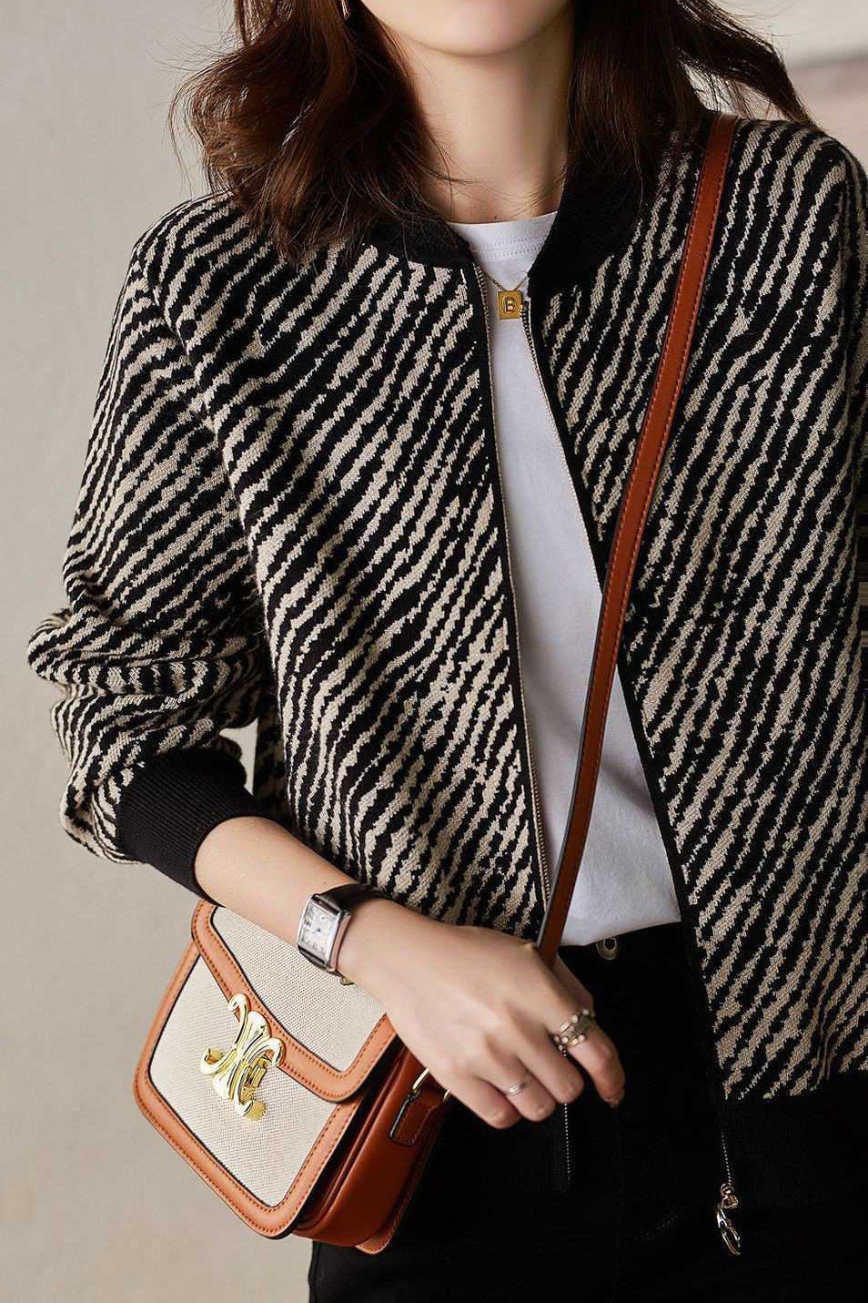 Baseball Collar Zebra Stripe Varsity Jacket
