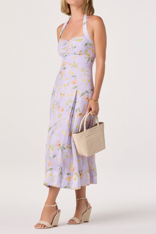 Halter Floral Button Front Midi Dress