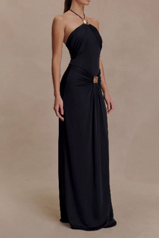 Halter Gold Detail Maxi Dress